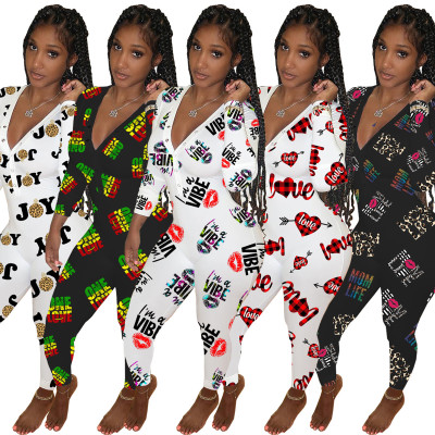 Sexy Deep V-neck Print Long Sleeve Sleepwear Jumpsuit