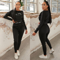Letter Printed Long Sleeve Crop Top Pants Fitness Bodycon Outfit