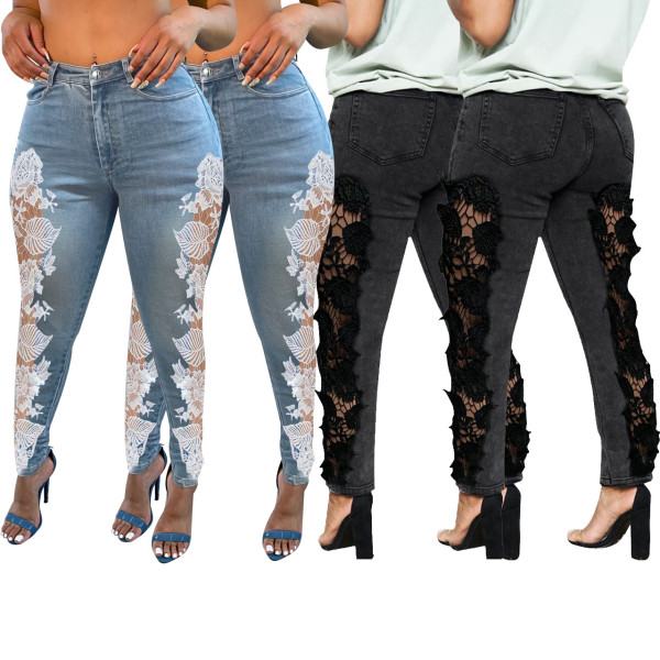 Elegant Street Style Lace Stitching Mid-waist Jeans