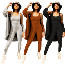 Women Solid Color Long Cardigan Vest Long Pants 3 Piece Set