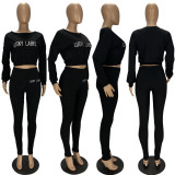 Knitting Striped Letter Embroidery Crop Top Slim Pants Suit
