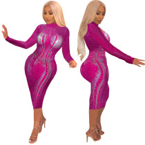 Women Sexy Sequin Glitter Shiny Long Sleeve Bodycon Midi Dress