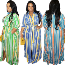 Large Size Striped Printed Cardigan Loose Dress with belt