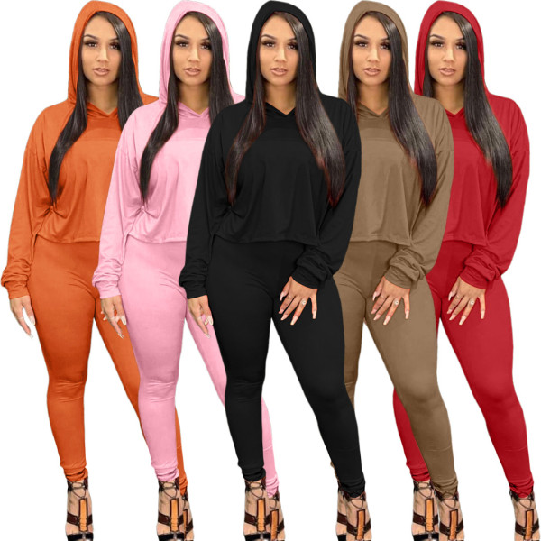 Solid Color Long-sleeved Hooded Blouse Leggings Two Pieces