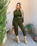 Solid Color Rib Hooded Crop Top Lace-up Skinny Pants Two- Piece Outfit