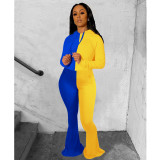 High Elastic Color Matching Hoodie Bell-bottom Pants Suit