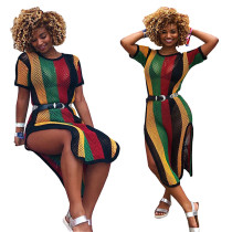 Multicolored Striped Print See-through Short-sleeved Slit Dress