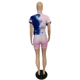 Fashionable Tie-dye Burn Flower Short Sleeve T-shirt Gradual Change Shorts Set