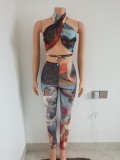 Women's Fashion Sleeveless Straps Sexy Hollow Positioning Printing Two-piece Suit