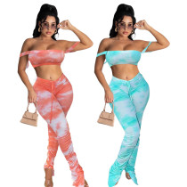 Women's Fashion Sexy Sling Tube Top Tie-dye Drawstring Pleated Trousers Two-piece Suit