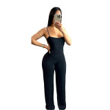 Fashion Sexy Solid Color Sling Straps Pleated Waist Wide Leg Flared Casual Jumpsuit