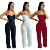 Fashion Sexy Solid Color Sling Straps Pleated Waist Wide Leg Flared Casual Jumpsuit