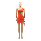 Fashion Hollow Solid Color One-shoulder Short-sleeved Dress
