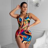 Colorful Printed Underwire Dress Swimsuit