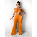 Two-Piece Solid Color Tube Top Loose Trousers