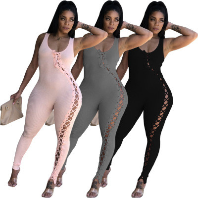 Solid Color Eyelet Strappy Zipper Jumpsuit