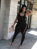 Solid Color Eyelet Strappy Zipper Jumpsuit