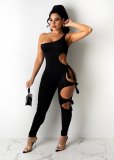 Solid Color One-Shoulder Ripped Tie Jumpsuit