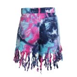 Sexy Fringed Multicolor Dyed Stretch Denim Shorts