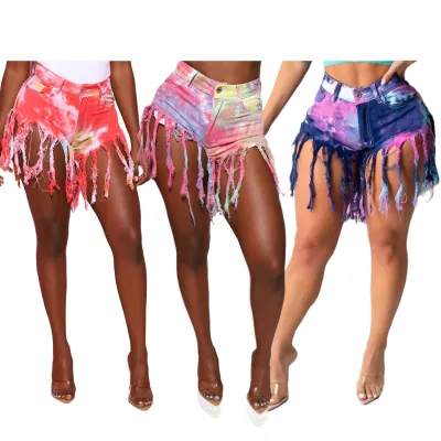 Sexy Fringed Multicolor Dyed Stretch Denim Shorts