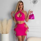 Sexy Women's Hollow Lace-Up Mini Skirt Two-Piece Suit