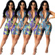 Fashion Casual Printed Zipper Jumpsuit Shorts