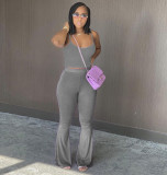Solid Color Suspender Flared Pants Casual Suit