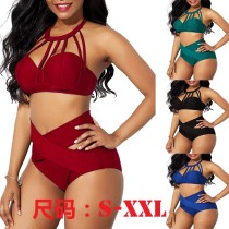 High Waist Solid Color Cage Neck Cross Bikini Split Suit With Chest Pad