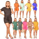 Pure Color Short-Sleeved T-Shirt Shorts With Pockets Jumpsuit