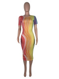 Tie-Dye Sexy Mesh Hollow See-Through Short-Sleeved Dress
