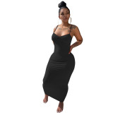 Solid Color Pleated V-neck Strap Slim Sexy Long Dress