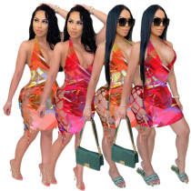 Sexy Printed Drawstring Eyelet Dress