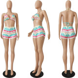 Printed Pleated Sexy Split Swimsuit Bikini Beach Hot Pants