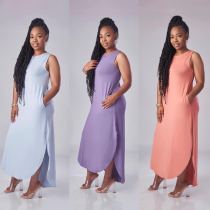 2021 Summer New Fashion Solid Color Slit Long Dress