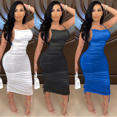 Elastic Band Women's Dress Solid Color Halter Strap Dress