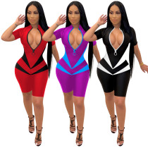 New Sexy Color Matching Zipper Jumpsuit Cross