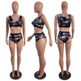 Fashion Sexy Fitness Camouflage Button Two-Piece Set