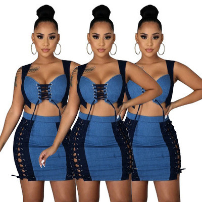Two-Piece Fashion Wrap-Chest Denim Skirt For Spring And Summer