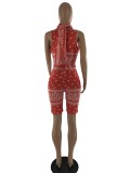 Printed Tie Cutout Sleeveless Shorts (Including Triangle Scarf)