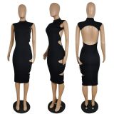 Summer New Fashion Sleeveless Solid Color Sexy Hollow Dress