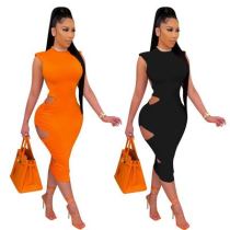 Summer New Fashion Sleeveless Solid Color Sexy Hollow Dress