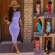 Summer Round Neck Solid Color Multicolor Bag Hip Dress