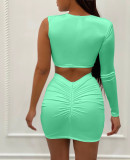 Mesh Stitching One-Shoulder Sexy Two-Piece Suit