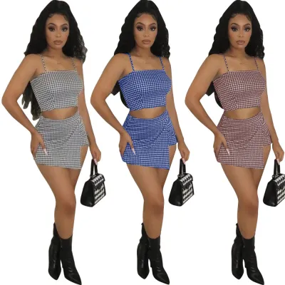 Two-Piece Sexy Fashion Skirt Pants With Plaid Suspenders