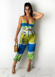Casual Pattern Printed Bandage Wrap Breasted Jumpsuit