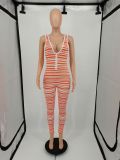 Fashion Striped Jumpsuit, Deep V Tie, Zipper