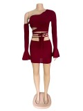 Two-Piece Solid Color Slanted Shoulder Flared Sleeve Lace-Up Skirt