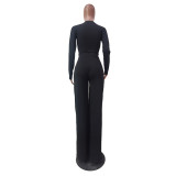 Pure Color Casual Pleated Long-Sleeved T-Shirt Wide-Leg Pants Suit
