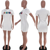 New Women's Solid Color Letter Embroidered Dress