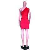 Fashion Sexy Slanted Shoulder Hollow Red Dress